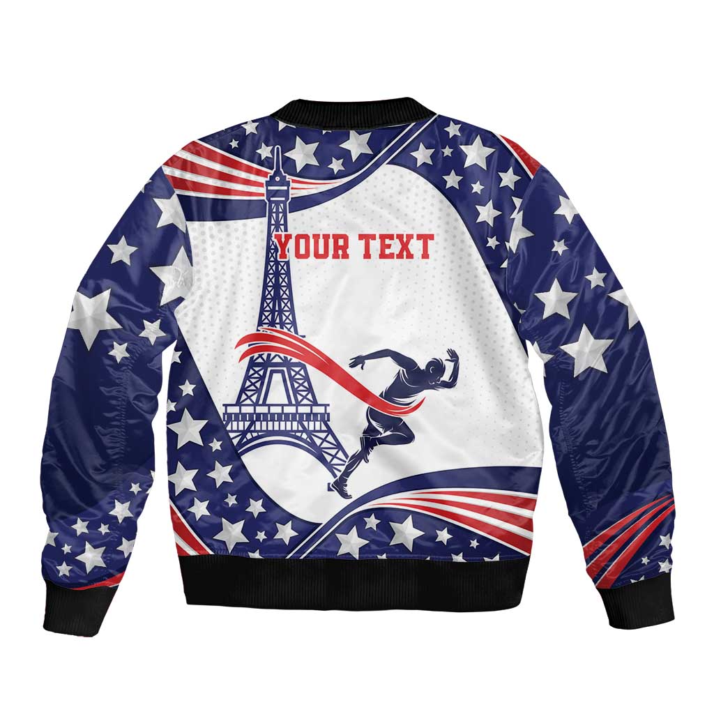 Blue bomber jacket with zip front and star print, Eiffel Tower graphic with YOUR TEXT