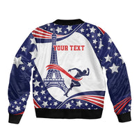 Blue bomber jacket with zip front and star print, Eiffel Tower graphic with YOUR TEXT