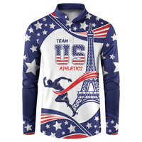 Blue button hooded sweatshirt with USA stars, flag stripes, and athletics graphic