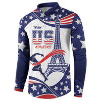 Blue button hooded sweatshirt with USA stars and flag-themed athletics logo graphic