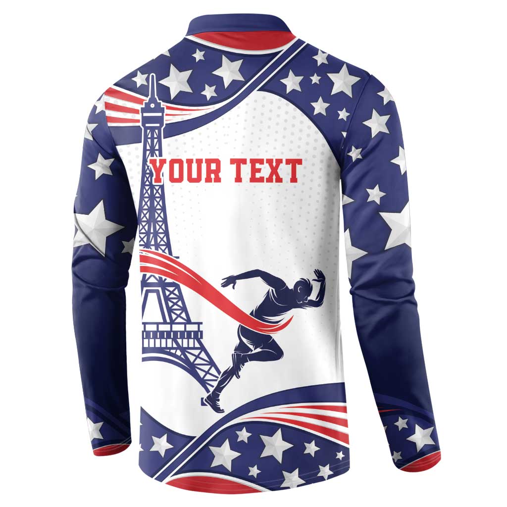 Blue button hooded sweatshirt back with stars, flag stripes, and “YOUR TEXT” print