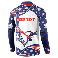 Blue button hooded sweatshirt back with stars, flag stripes, and “YOUR TEXT” print
