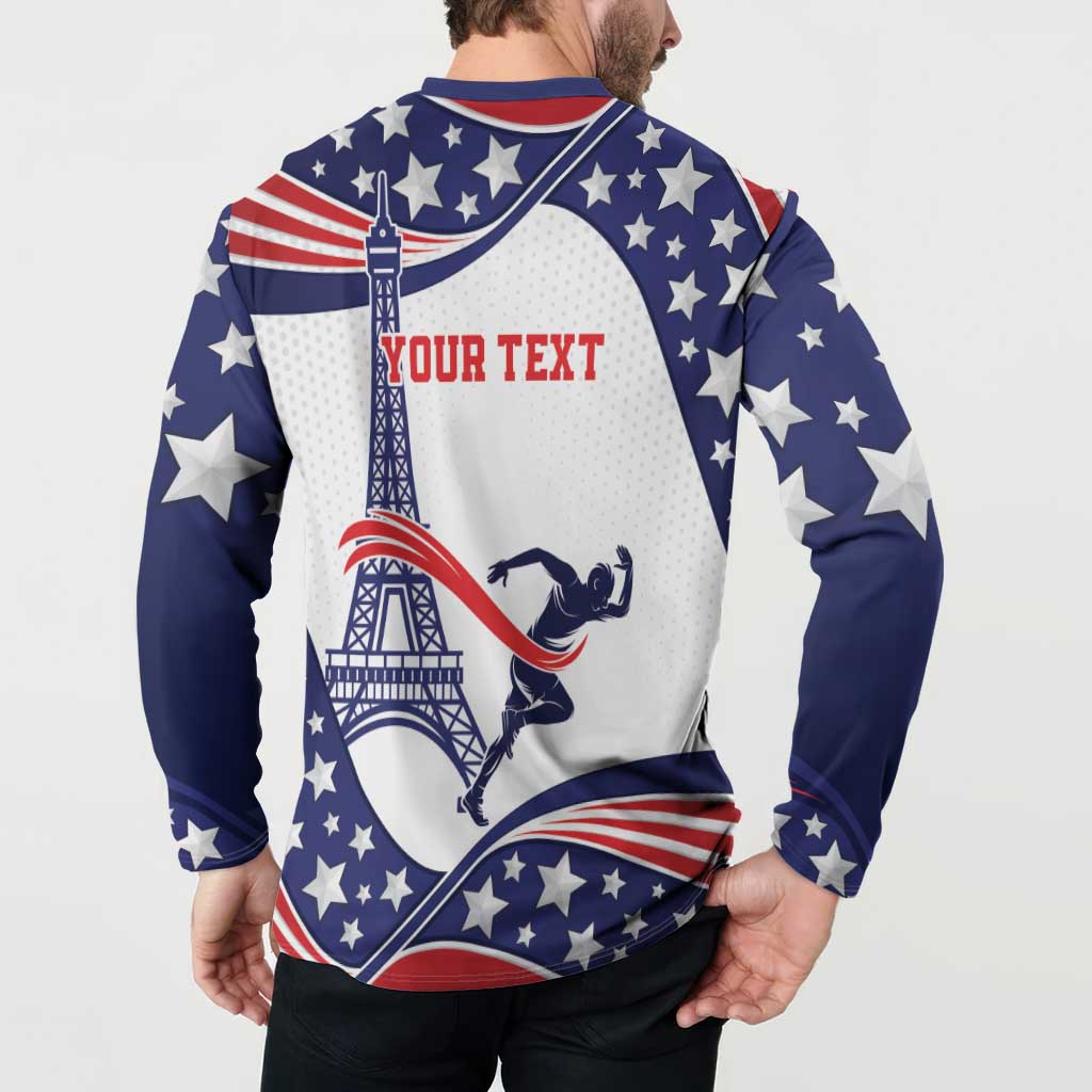 Blue button hooded sweatshirt back worn by model with stars and “YOUR TEXT” print