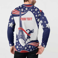 Blue button hooded sweatshirt back worn by model with stars and “YOUR TEXT” print