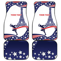 Car floor mat set: two white Liberty mats with 'Your text' plus two blue star mats.