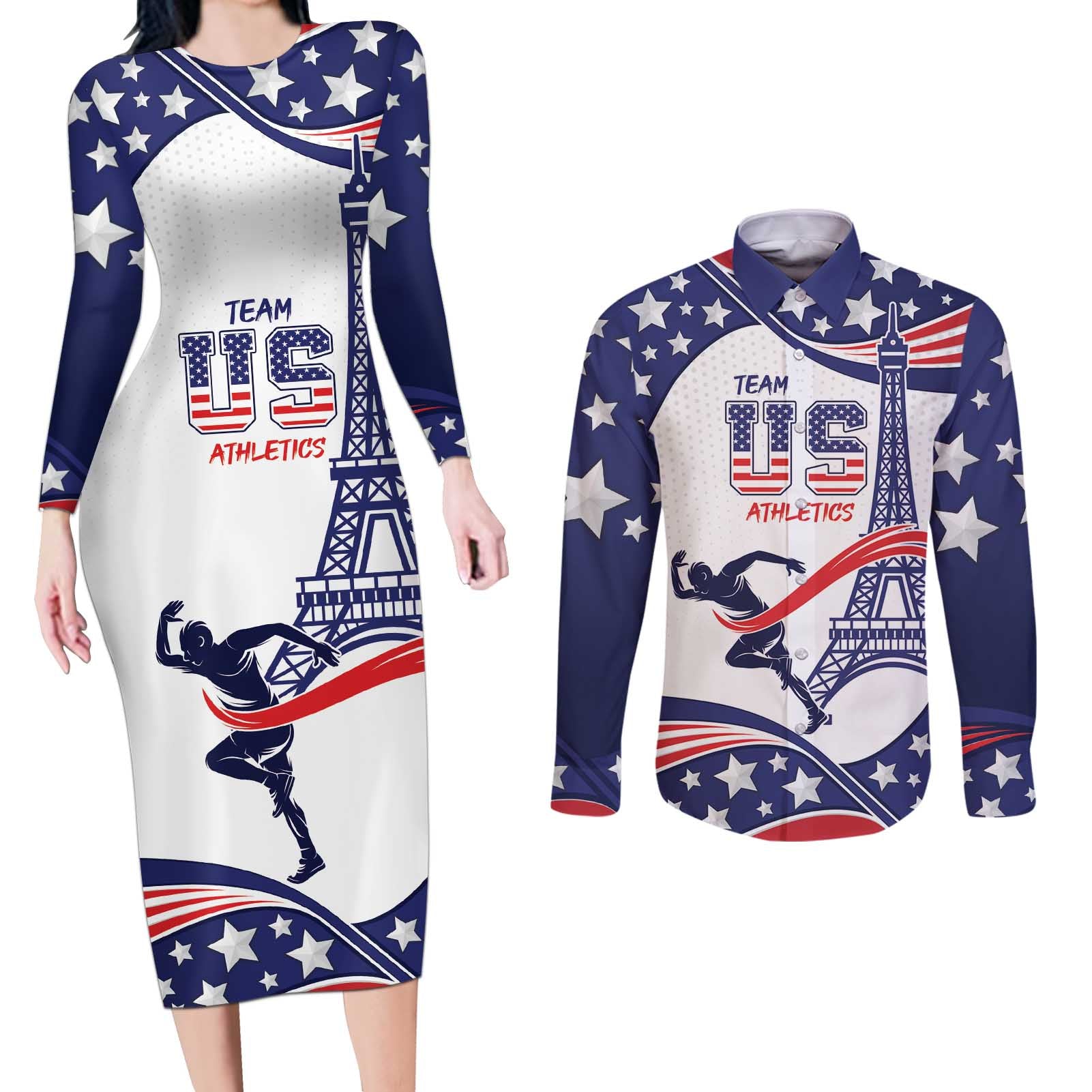 Personalized USA Athletics Couples Matching Long Sleeve Bodycon Dress and Long Sleeve Button Shirt One For All Summer Sport LT9 - Wonder Print Shop