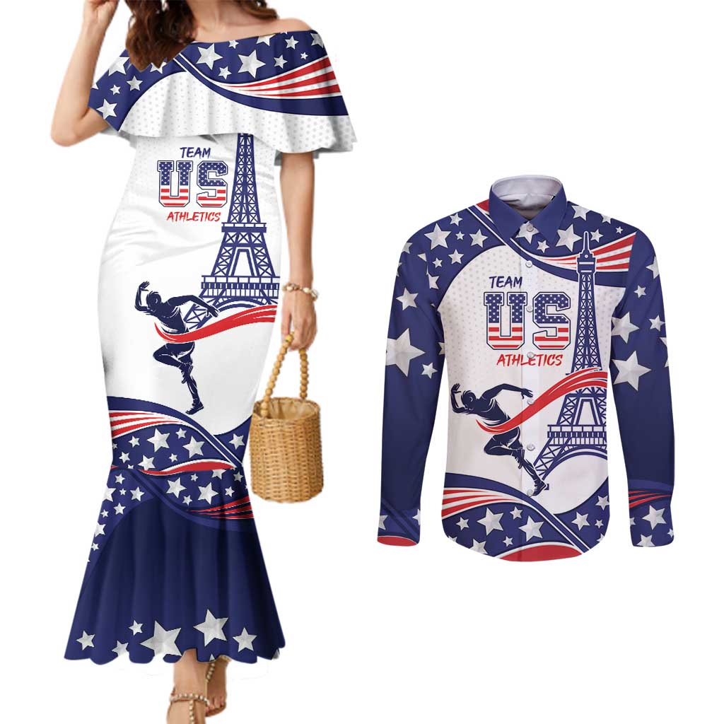 Personalized USA Athletics Couples Matching Mermaid Dress and Long Sleeve Button Shirt One For All Summer Sport