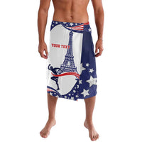 Navy and white patterned athletic shorts with stars, Eiffel Tower graphic, and “YOUR TEXT”