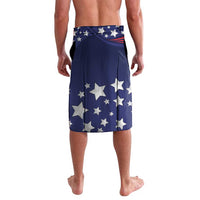 Blue athletic shorts with star pattern, elastic waistband, and high-contrast patriotic graphics