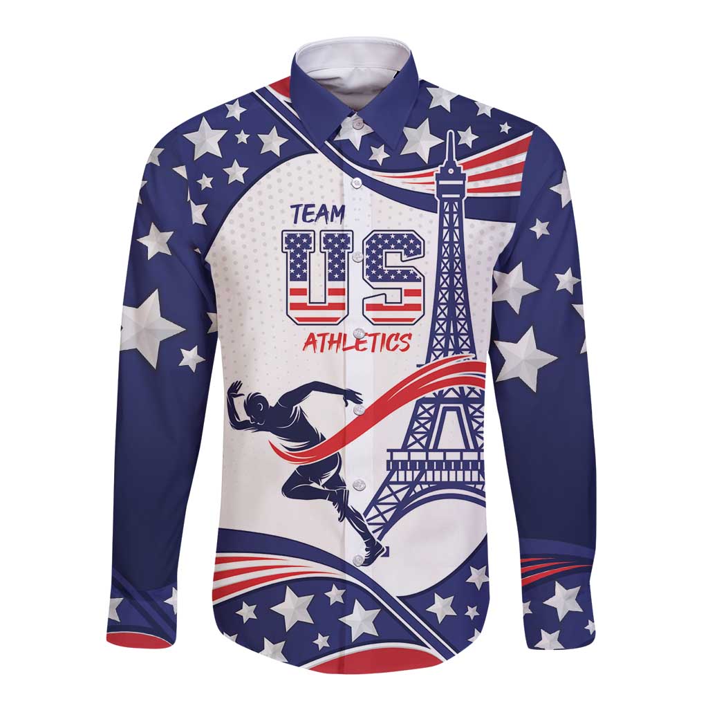 Blue and white long-sleeve button shirt with USA stars, Eiffel Tower and eagle graphic