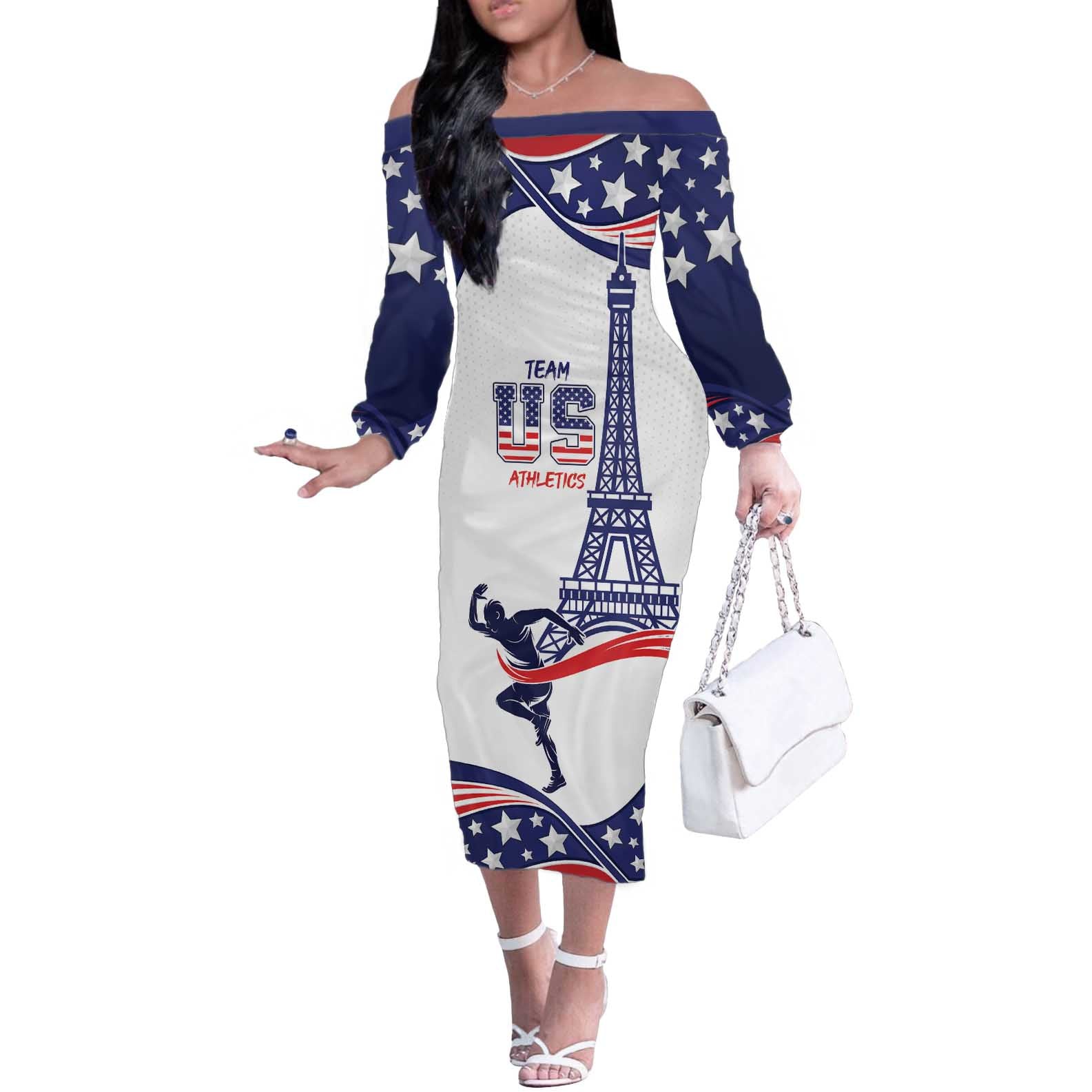 Personalized USA Athletics Off The Shoulder Long Sleeve Dress One For All Summer Sport - Wonder Print Shop