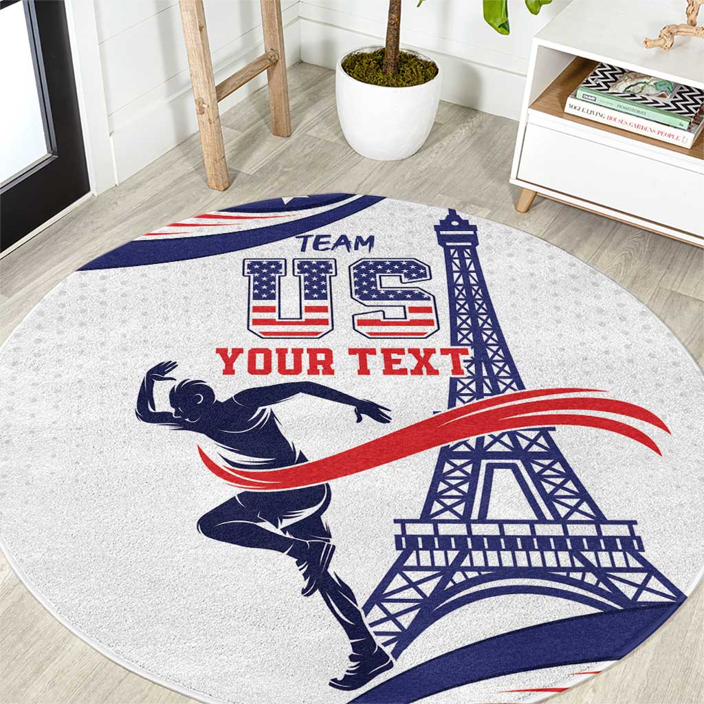 Round sports area rug, light gray with blue/red TEAM YOUR TEXT graphic and Eiffel Tower