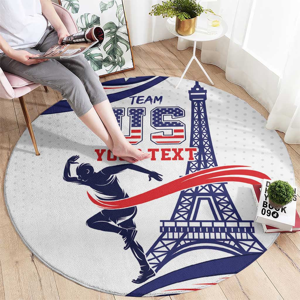 Round sports area rug, light gray with blue/red TEAM YOUR TEXT graphic and Eiffel Tower, full view