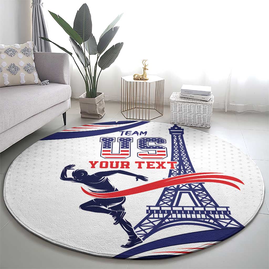 Round sports area rug, light gray with blue/red TEAM YOUR TEXT text, runner silhouette and Eiffel Tower