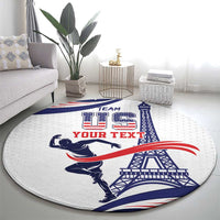 Round sports area rug, light gray with blue/red TEAM YOUR TEXT text, runner silhouette and Eiffel Tower