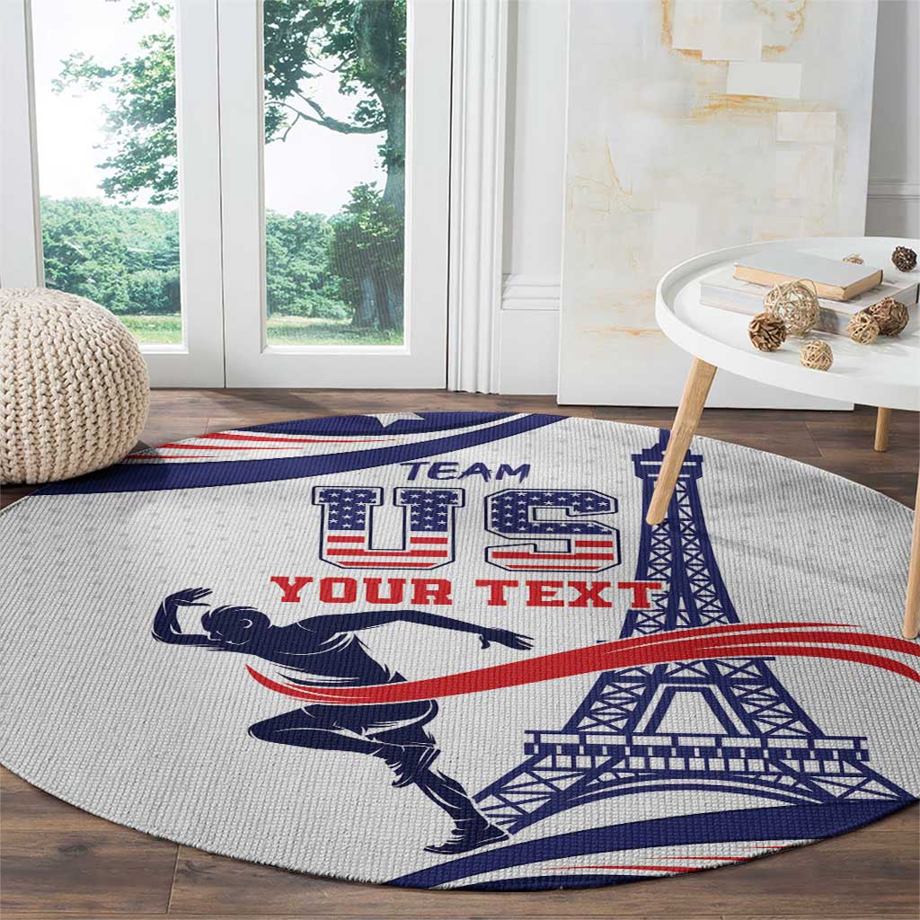 Round sports area rug, light gray with blue/red TEAM YOUR TEXT graphic featuring Eiffel Tower and runner