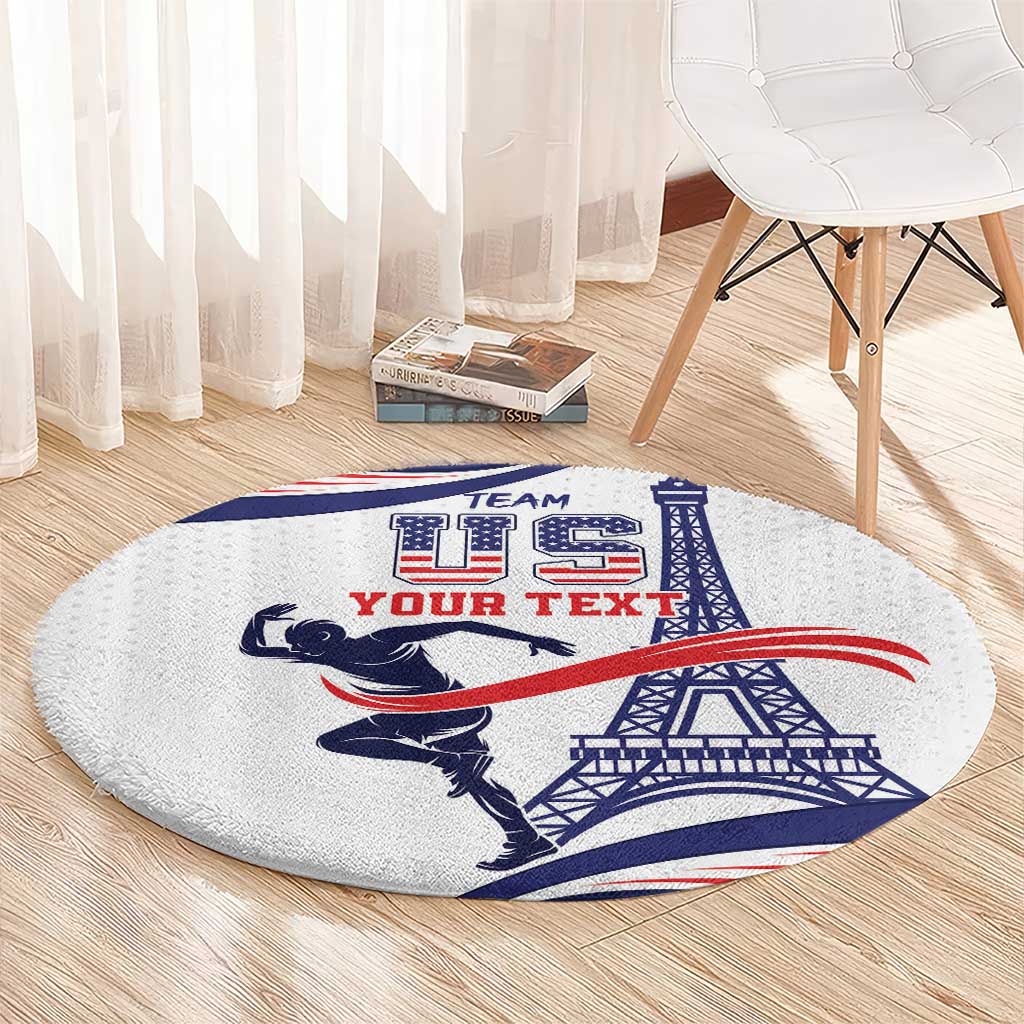 Round sports area rug, light gray round with blue/red TEAM YOUR TEXT graphic and Eiffel Tower