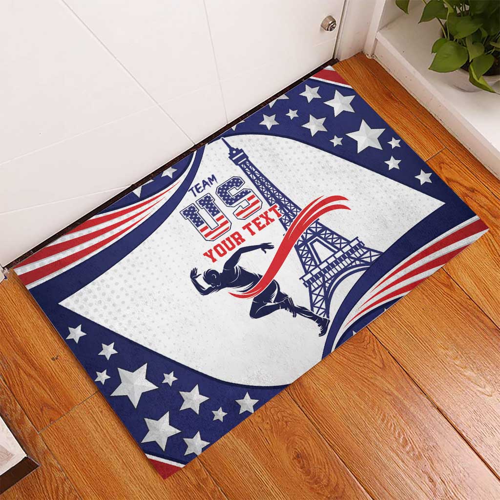 Personalized athletic rubber doormat with stars, stripes, Eiffel Tower, and your text