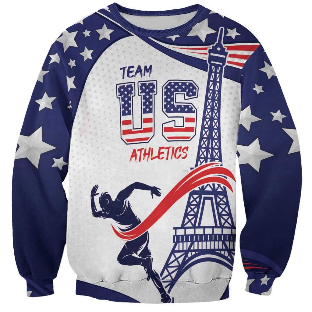 Blue and white crewneck sweatshirt with USA stars, Eiffel tower, and Team US Athletics print