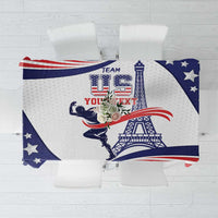 Personalized USA athletics tablecloth with blue stars and red-white stripes, centered on table