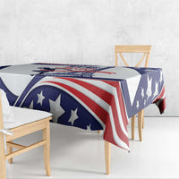 Personalized USA athletics tablecloth draped over table with bold red-white stripes and stars