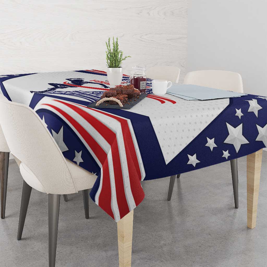 Personalized USA athletics tablecloth on dining table with patriotic blue star and stripe pattern