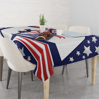 Personalized USA athletics tablecloth on dining table with patriotic blue star and stripe pattern