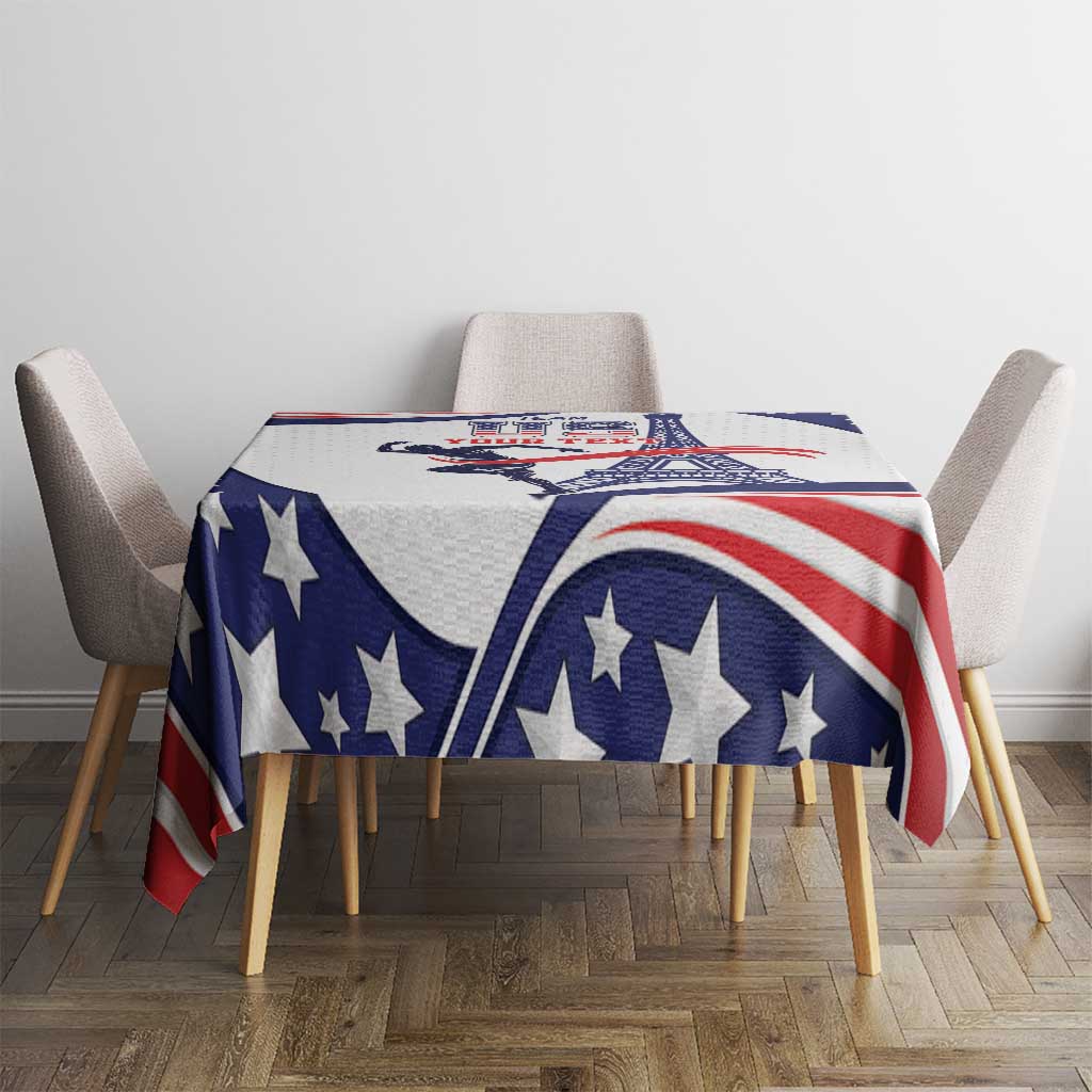 Personalized USA athletics tablecloth folded on table with blue star and red-white stripe design