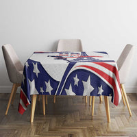 Personalized USA athletics tablecloth folded on table with blue star and red-white stripe design