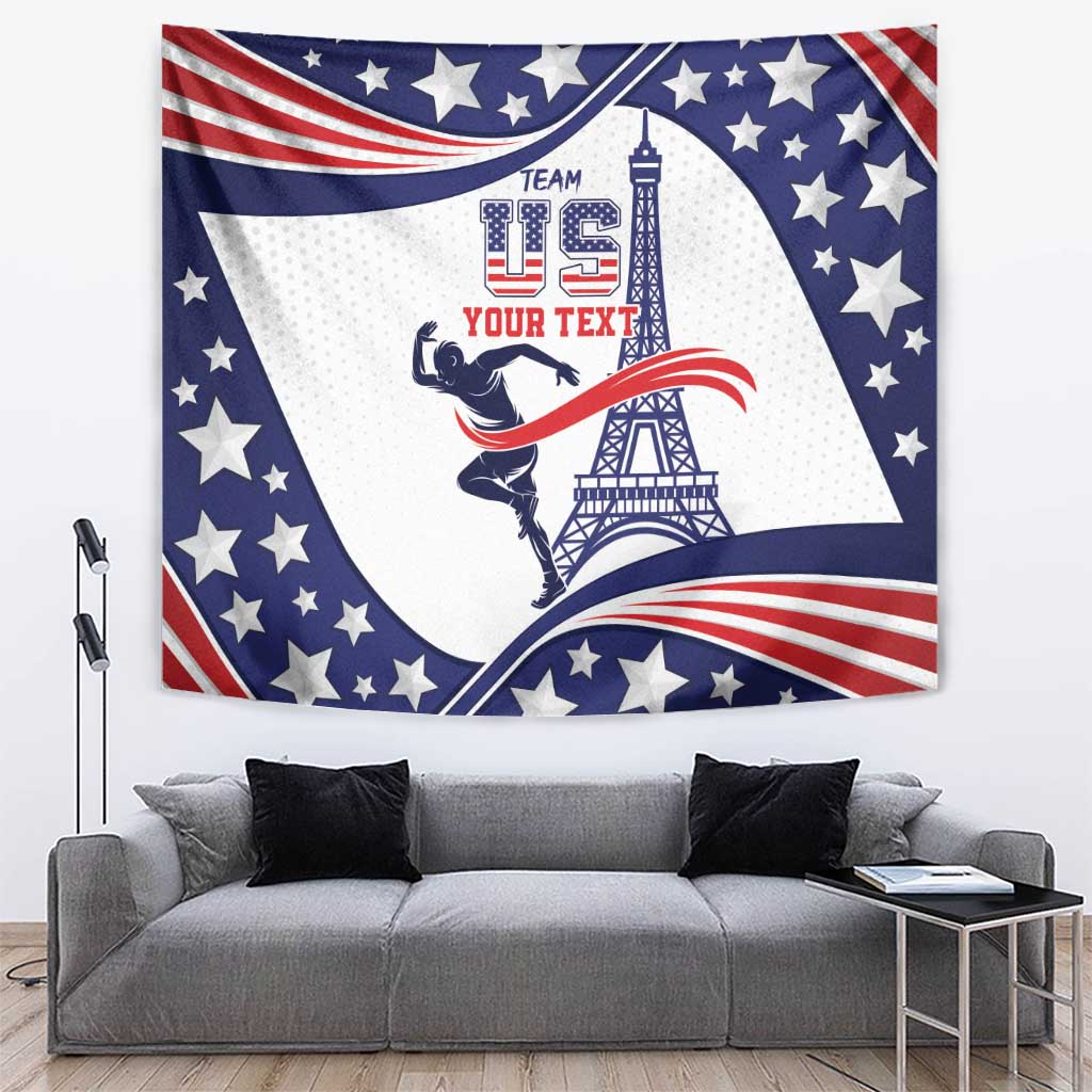 USA flag-style wall tapestry with Eiffel Tower, stars, and bold red white blue graphics