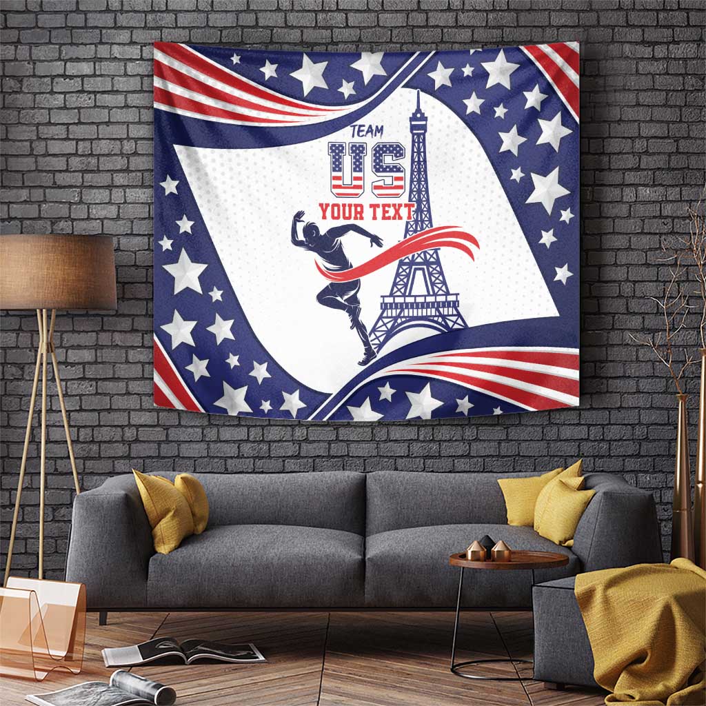 Decorative USA-themed tapestry featuring Eiffel Tower, stars, and waving star-spangled stripes