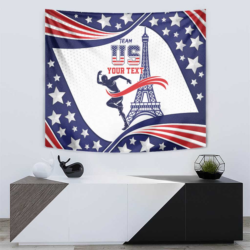 USA flag wall tapestry with Eiffel Tower graphic, stars, and red white blue wave accents