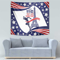 Personalized USA flag tapestry with Eiffel Tower, stars, and red white blue stripe border