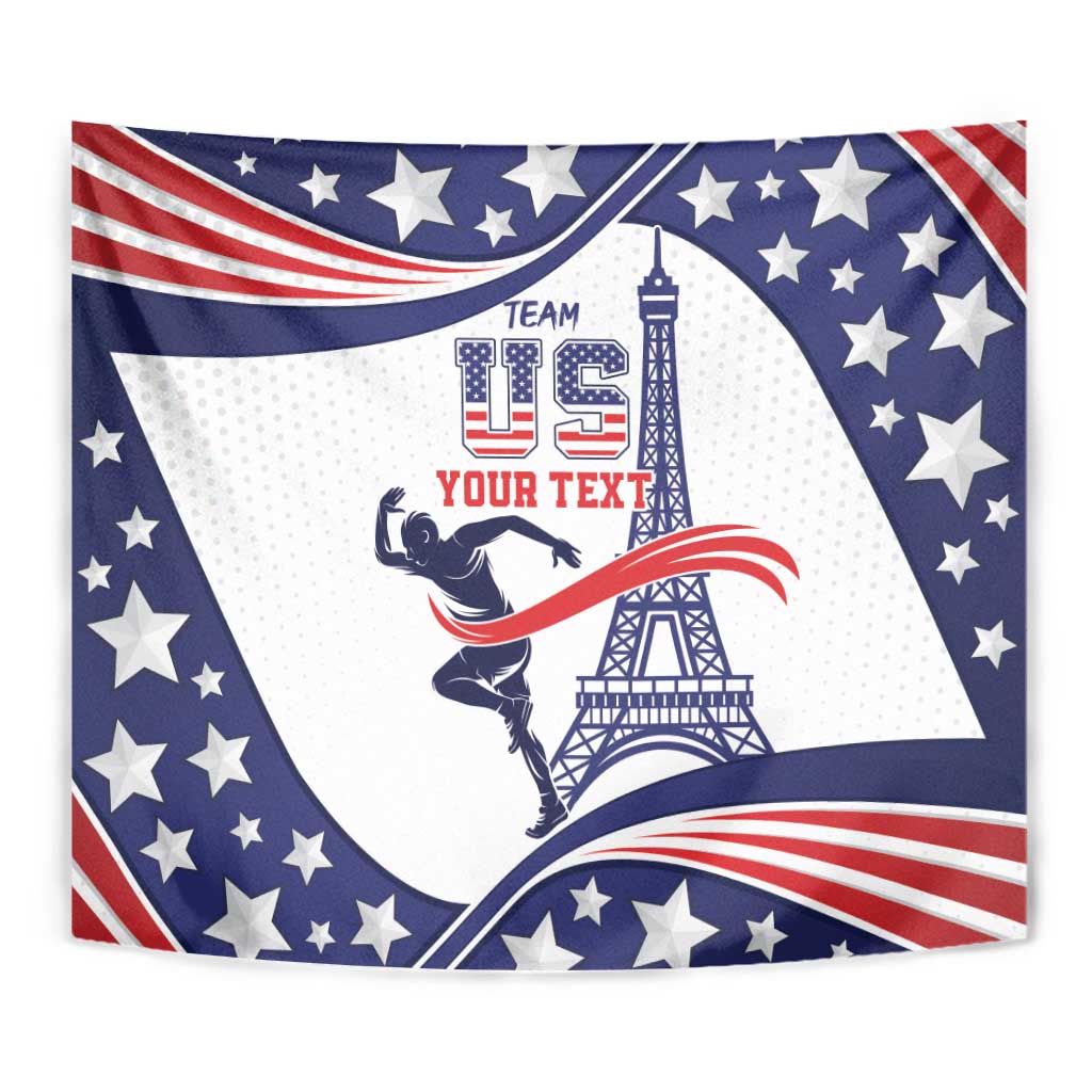 Close-up USA-themed wall tapestry with Eiffel Tower and star-spangled red white blue waves