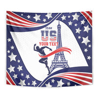 Close-up USA-themed wall tapestry with Eiffel Tower and star-spangled red white blue waves