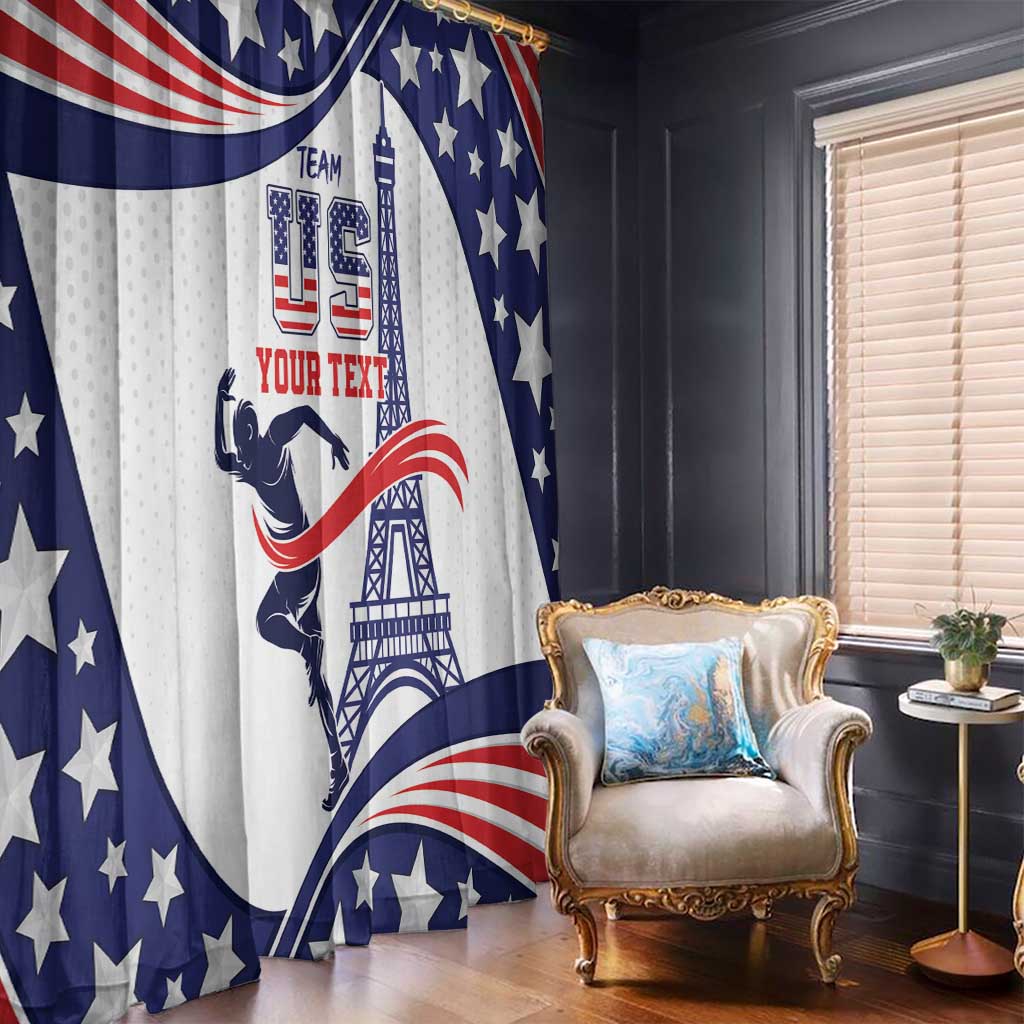 Patriotic window curtains with blue stars, red-white stripes, and Eiffel Tower motif