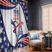 Patriotic window curtains with blue stars, red-white stripes, and Eiffel Tower motif