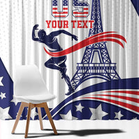 Blue and red patriotic window curtain panels with stars, flag motif, and Eiffel Tower print