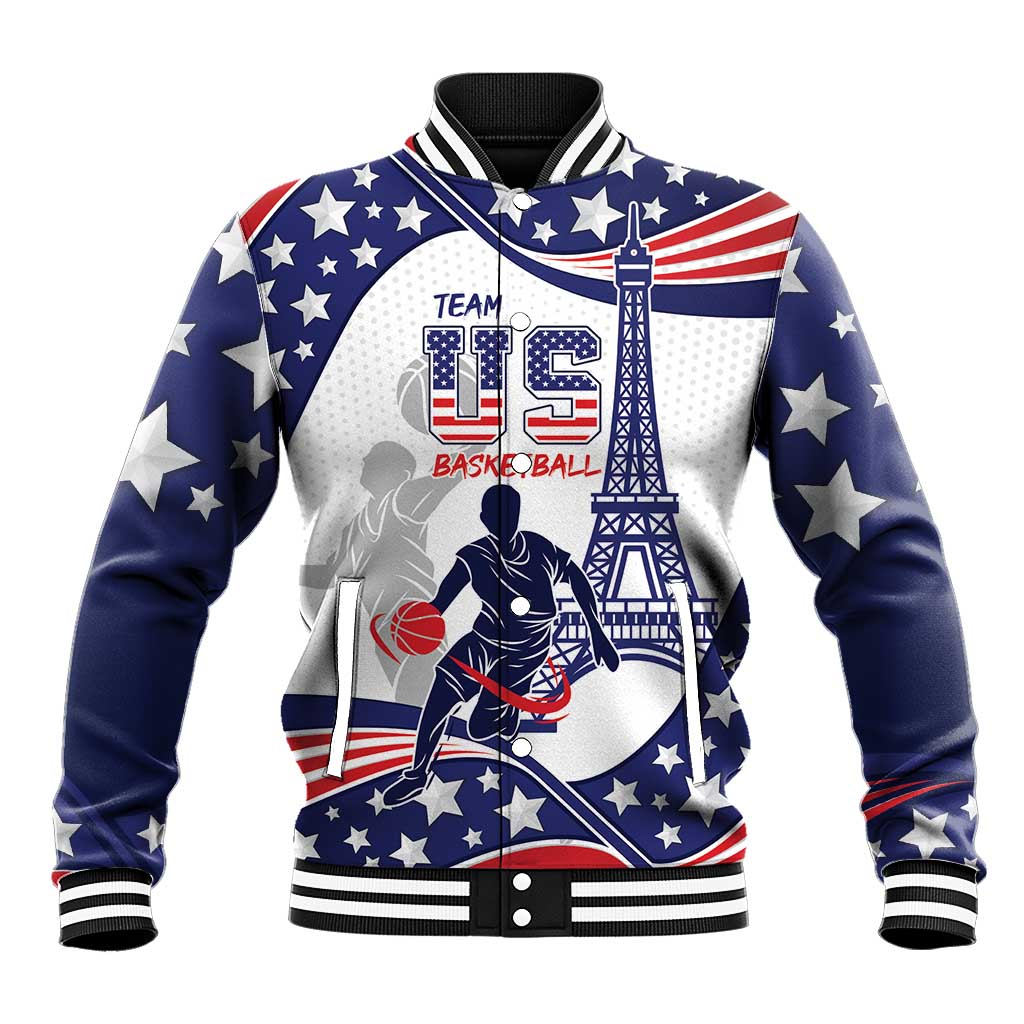 Blue USA basketball graphic baseball jacket, ribbed striped collar and cuffs