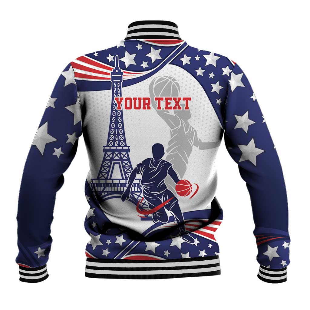 Blue basketball baseball jacket with YOUR TEXT print and star pattern, ribbed striped collar