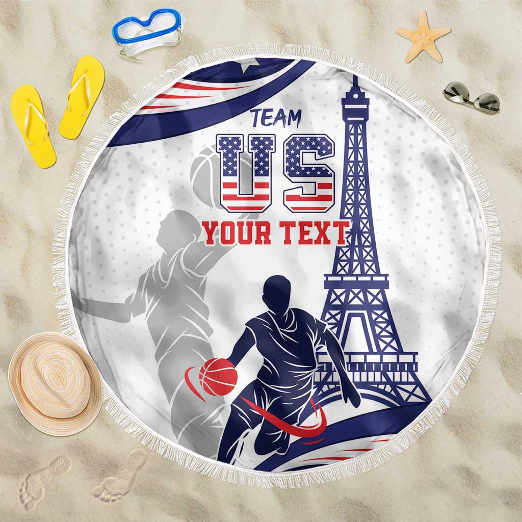 Round beach blanket with TEAM US, YOUR TEXT, Eiffel tower graphic, and fringed edge