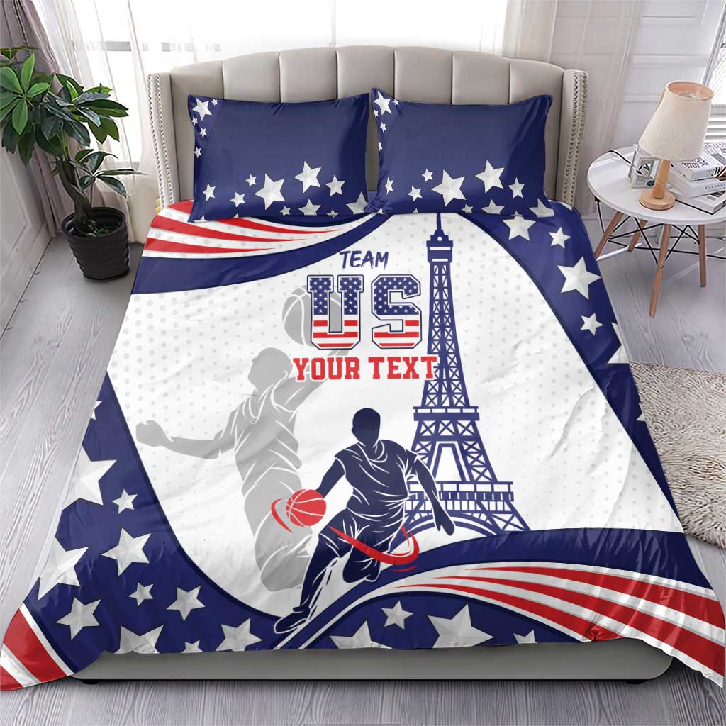 USA basketball bedding set with stars, basketball player graphic, white background, red accents