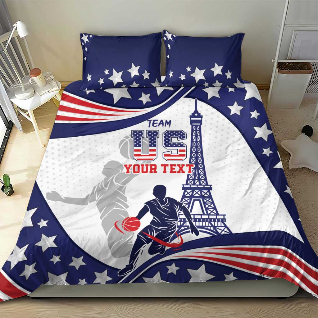 USA basketball bedding set featuring basketball player silhouette, blue stars, red stripe trim