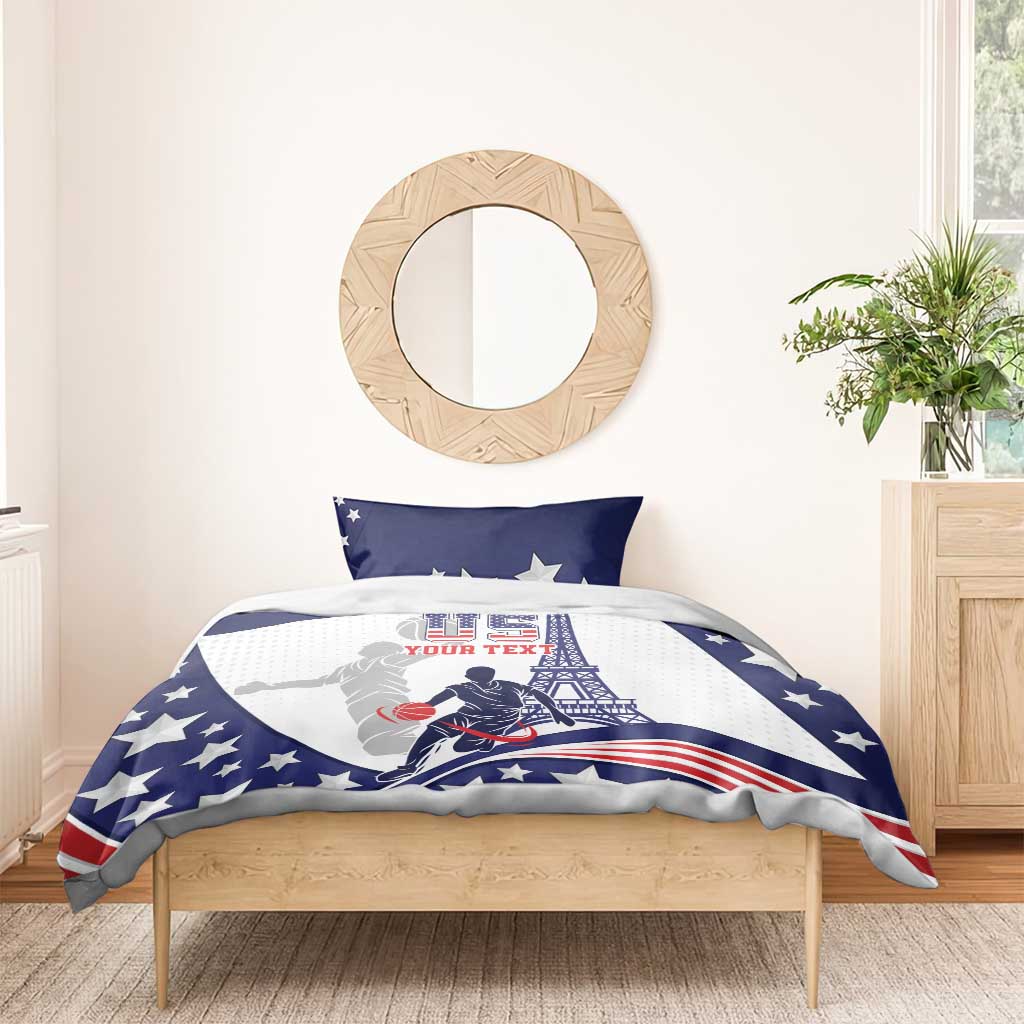 USA basketball bedding set: blue stars with basketball player graphic on white quilt, red accents