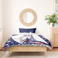 USA basketball bedding set: blue stars with basketball player graphic on white quilt, red accents