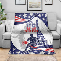 Personalized USA basketball blanket, blue and white star print with basketball player and Eiffel Tower