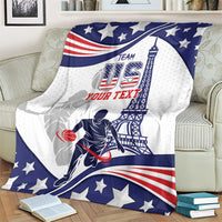 Personalized blue and white USA basketball blanket with Eiffel Tower, stars, and dribbling player