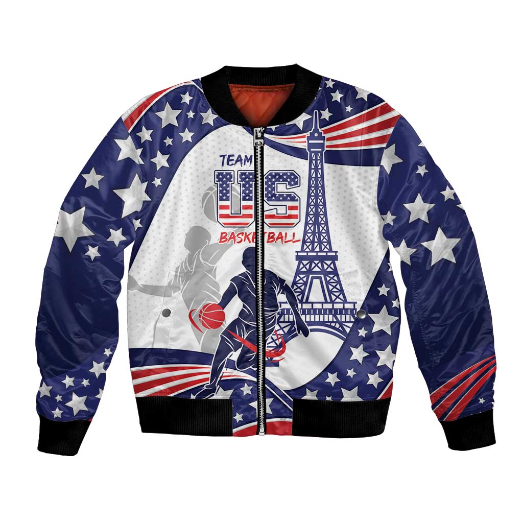 Blue USA basketball bomber jacket with full-zip front, star and Eiffel Tower graphic