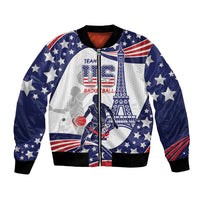 Blue USA basketball bomber jacket with full-zip front, star and Eiffel Tower graphic