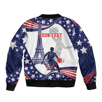 Blue bomber jacket with full-zip, stars pattern, runner dribbling basketball, YOUR TEXT